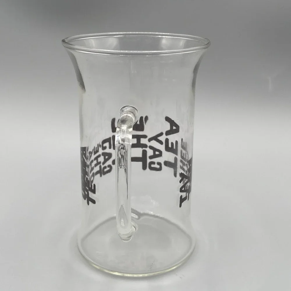 Clear Glass‎ TEA Mug Cup World Languages Black Print Handle Thé Tay